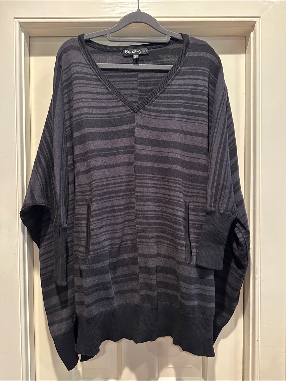 Elizabeth and James Charcoal & Dark Gray Striped V-Neck Poncho Sweater